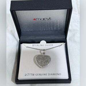 Macy's Sterling Silver Heart Pendant Locket Necklace Sparkling Diamonds -Silver